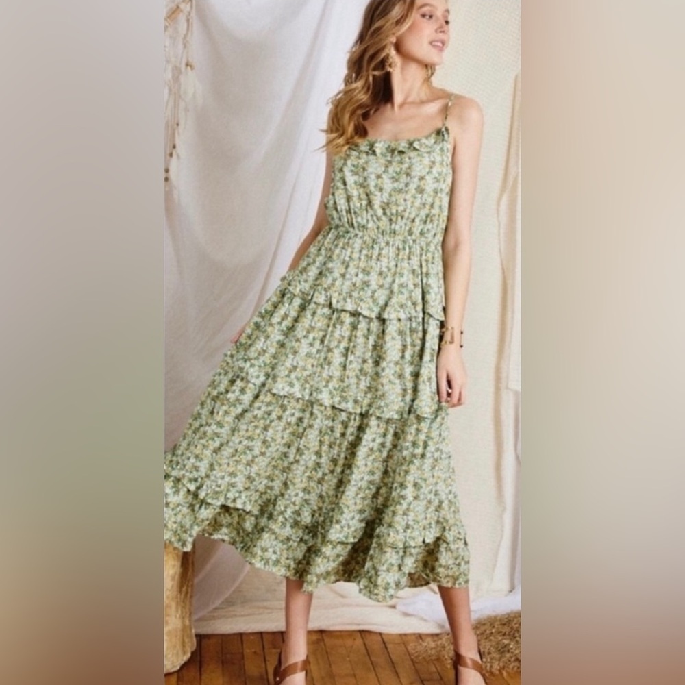 Sage Floral Tiered Ruffle Adjustable Spaghetti Strap Maxi Dress